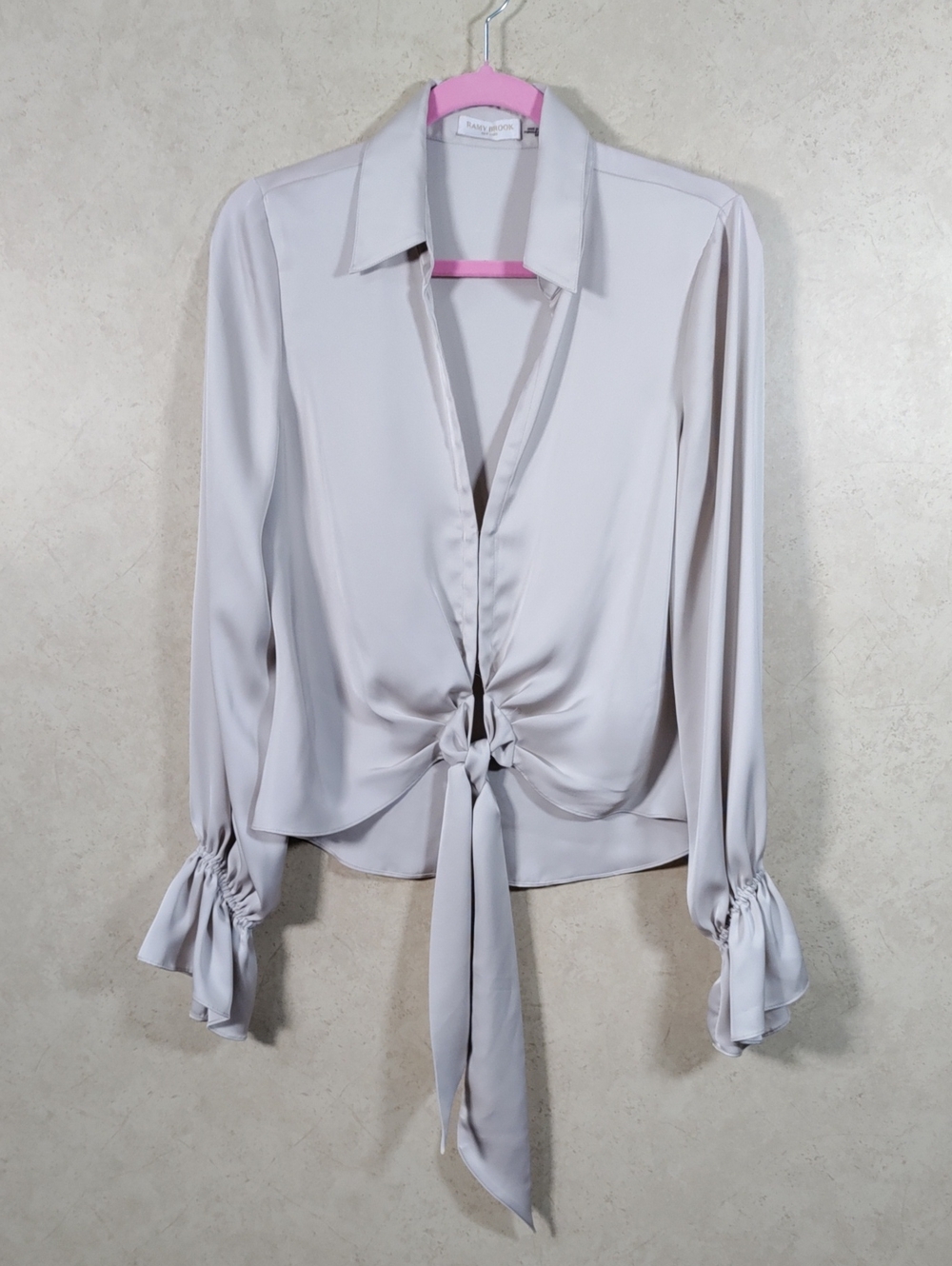 G090 Ramy Brook tan satin Carter tie front L/S blouse S NEW